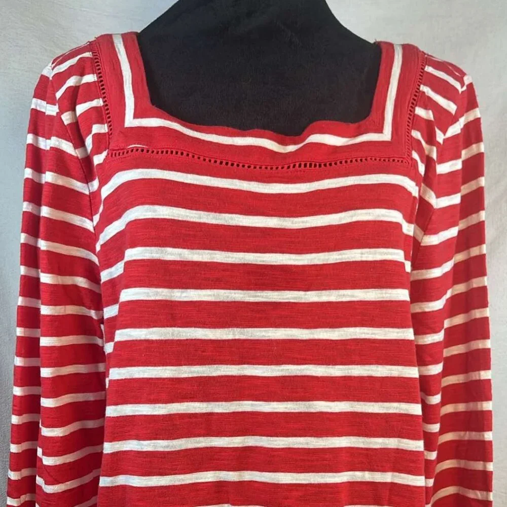 Talbots Cotton Top Red White Striped Square Neck Lattice Detail Sz L 3/4 Sleeves